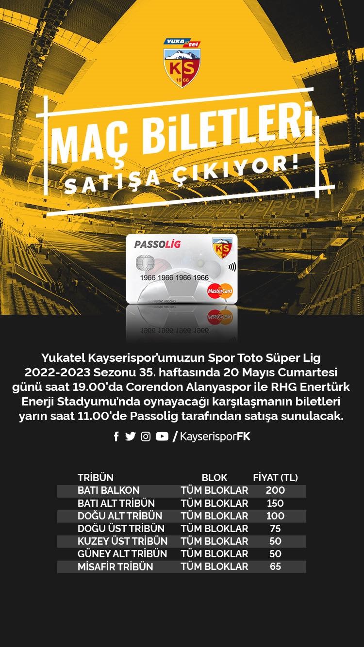 Kayserispor - Alanyaspor maç biletleri satışa çıktı Kayserispor - Alanyaspor maç biletleri satışa çıktı