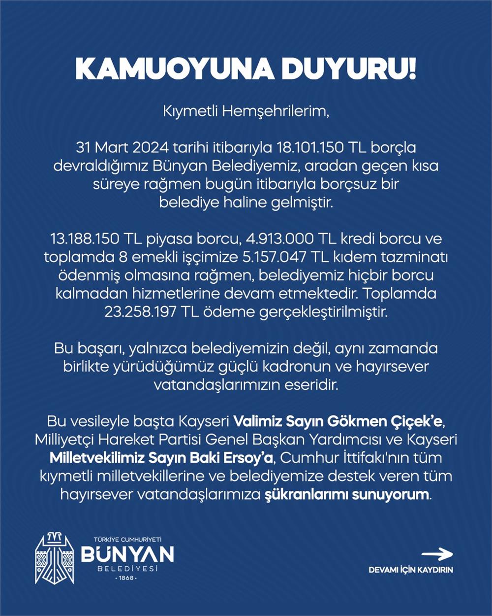 Bünyan Belediyesi borçsuz hale geldi Bünyan Belediyesi borçsuz hale geldi