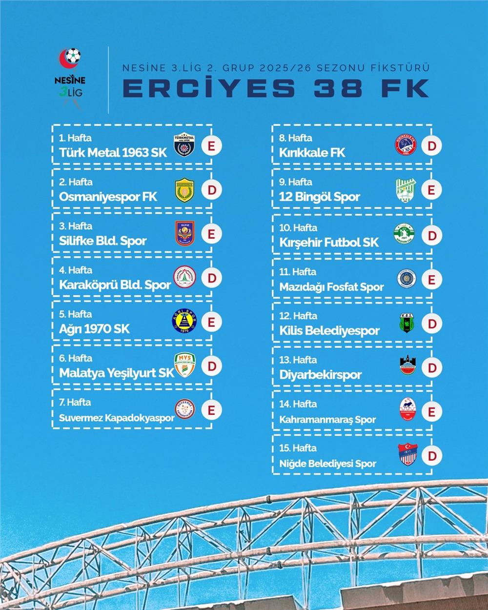 Erciyes 38 FK’nin 2025-2026 sezonu fikstürü belli oldu