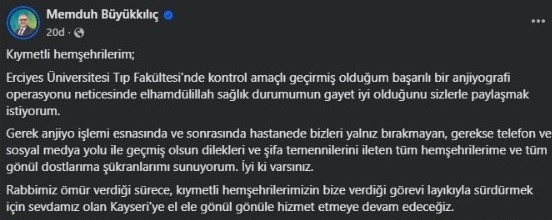 Başkan Büyükkılıç: Sağlık durumumun gayet iyi olduğunu sizlerle paylaşmak istiyorum Başkan Büyükkılıç: Sağlık durumumun gayet iyi olduğunu sizlerle paylaşmak istiyorum