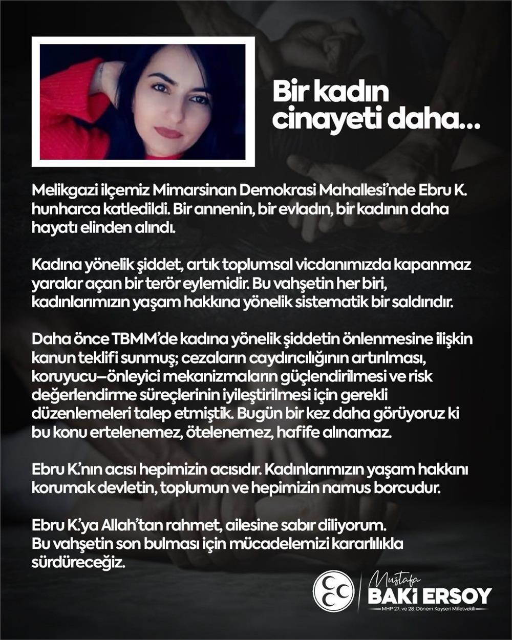 Ersoy: Kadınlarımızın yaşam hakkını korumak devletin, toplumun ve hepimizin namus borcudur