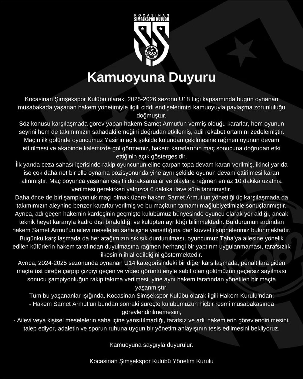 Kocasinan Şimşekspor’dan sert açıklama: Bu hakemi maçlarımıza istemiyoruz