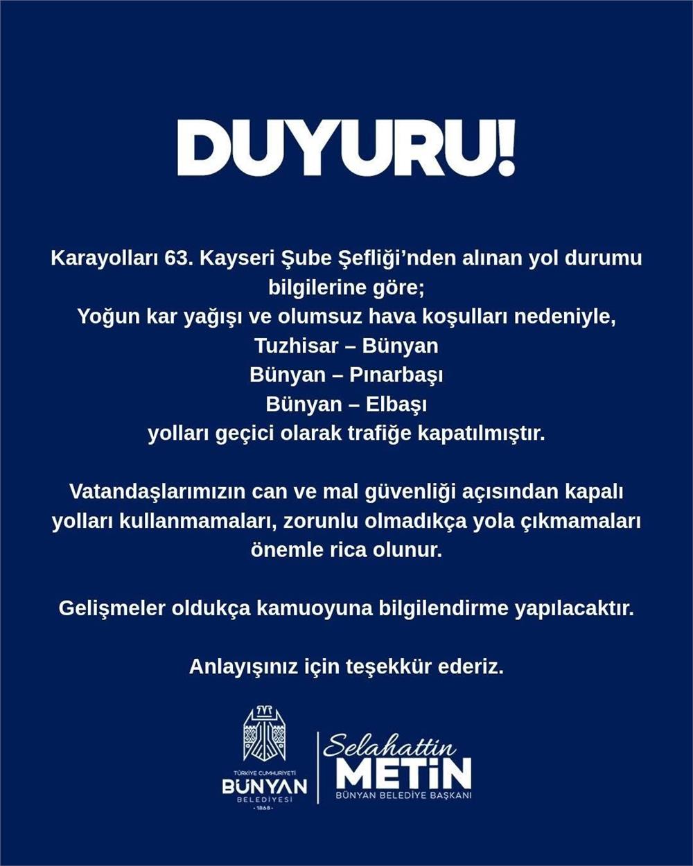 Bünyan'da ulaşıma kar engeli