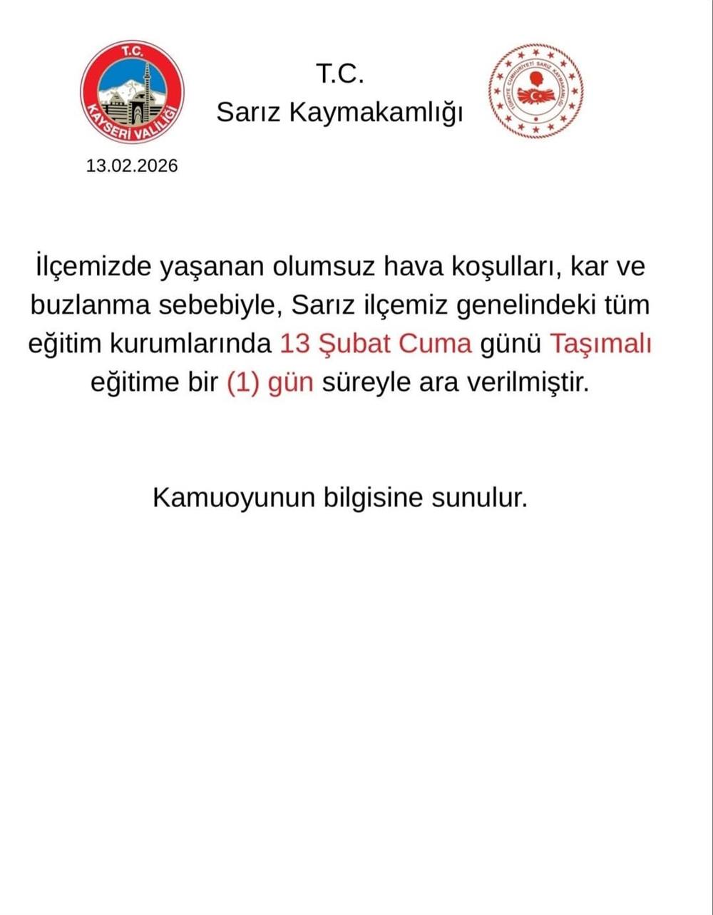 Sarız'da taşımalı eğitime 1 gün ara verildi