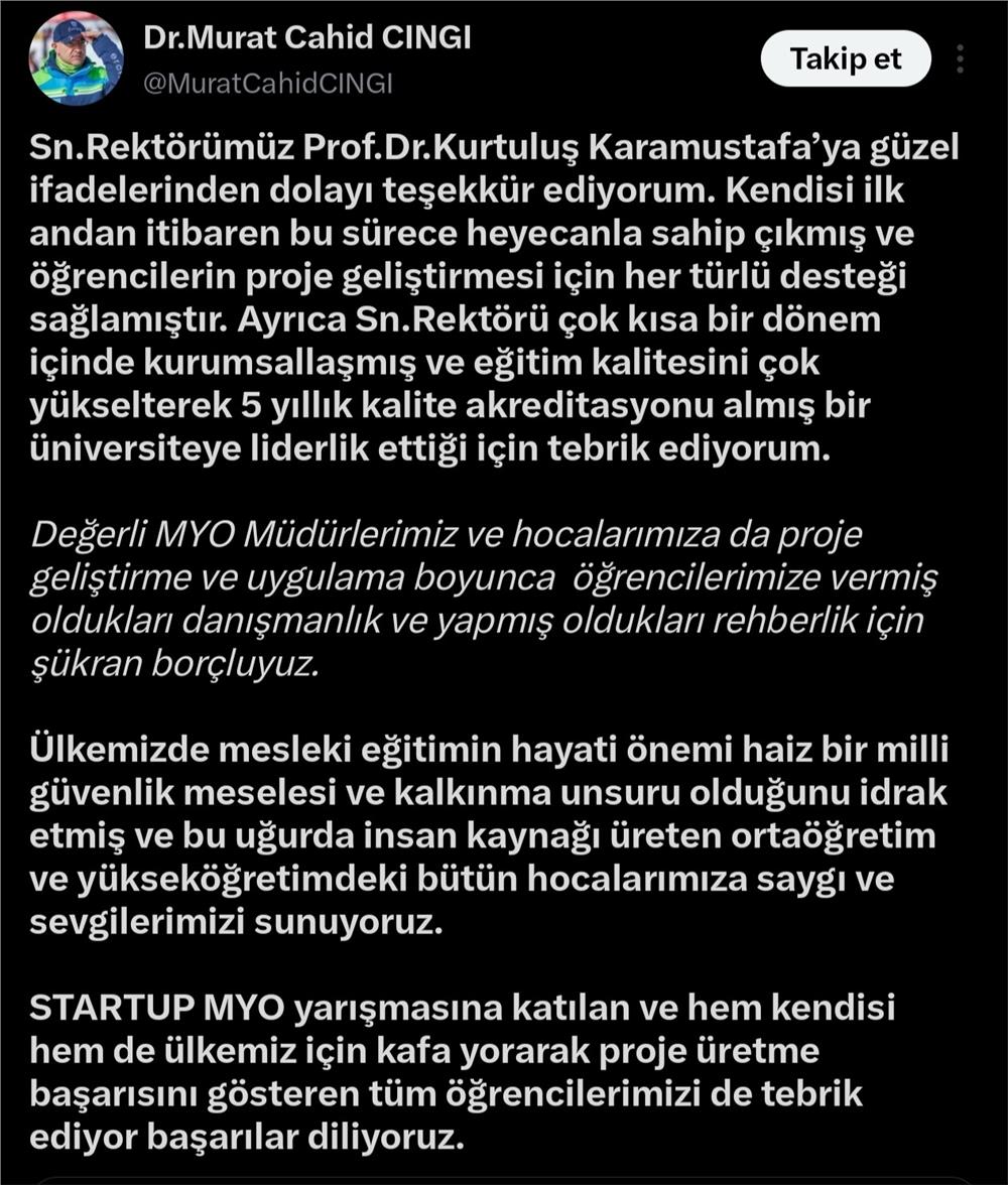 AK Partili Cıngı’dan KAYÜ yönetimi ve öğrencilerine Start-Up teşekkürü