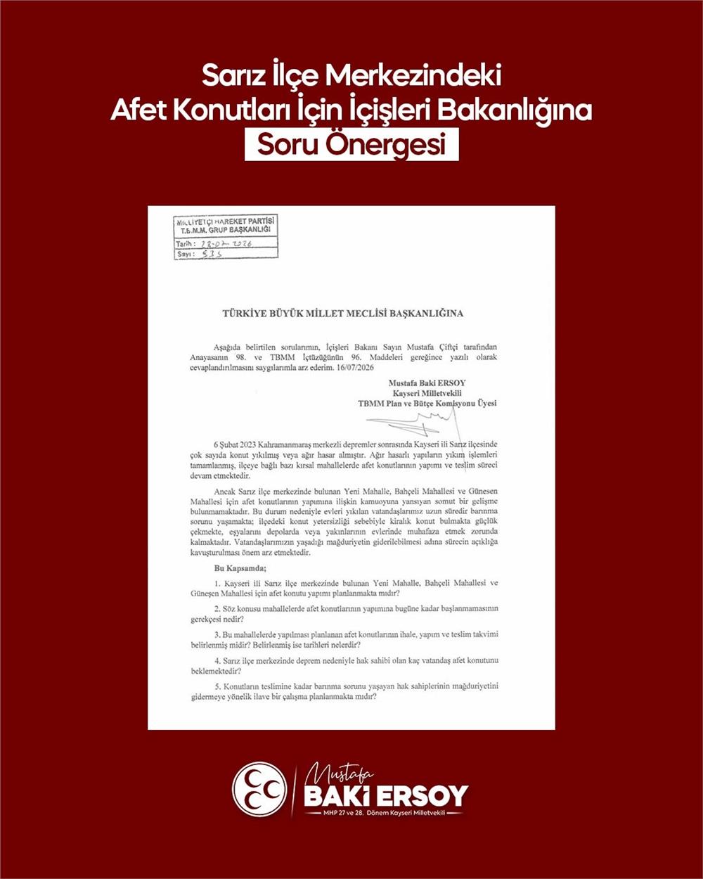 Baki Ersoy’dan Sarız’daki afet konutları için soru önergesi