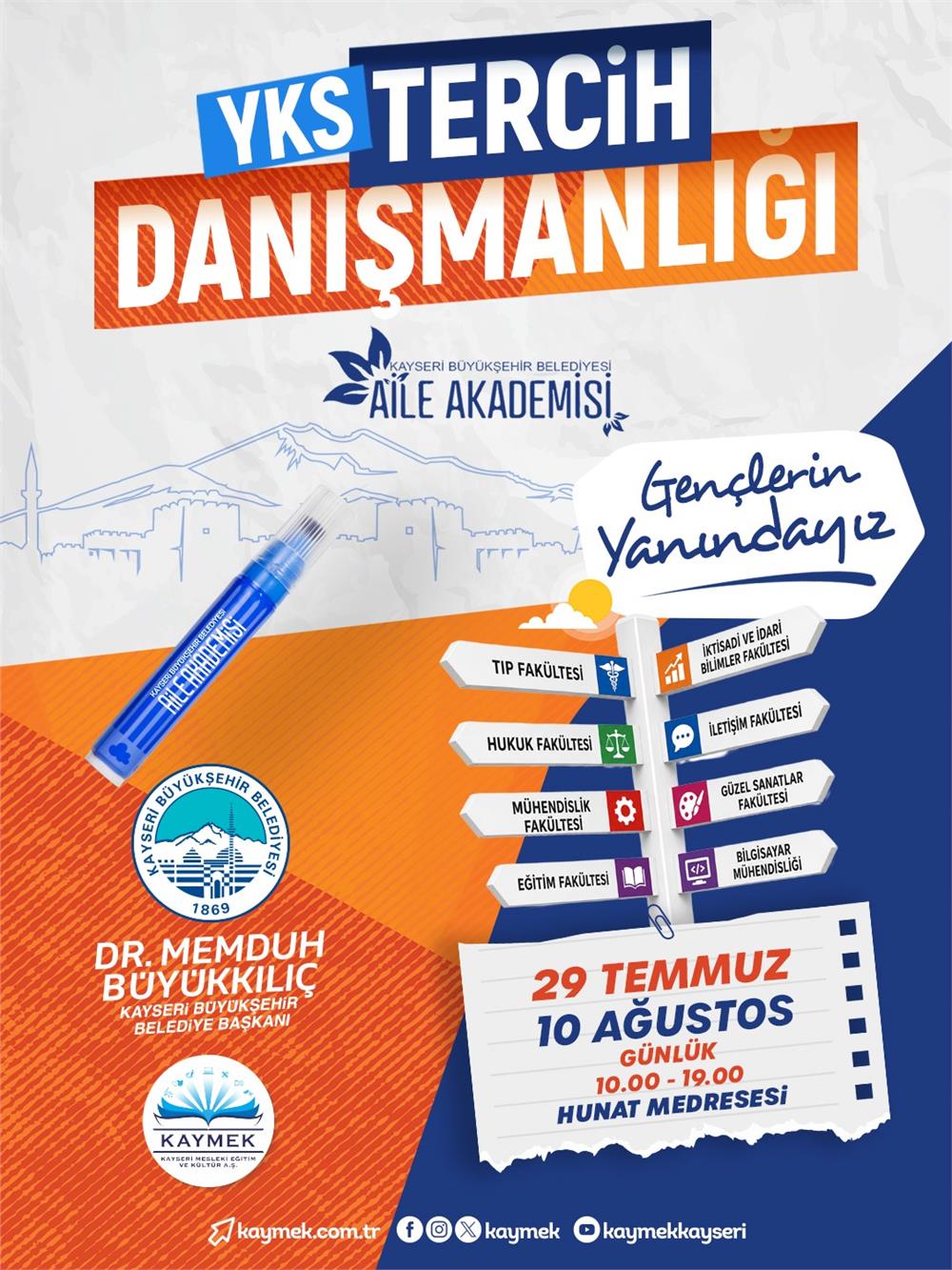 Kayseri Büyükşehir'den üniversite adaylarına ücretsiz YKS tercih danışmanlığı desteği