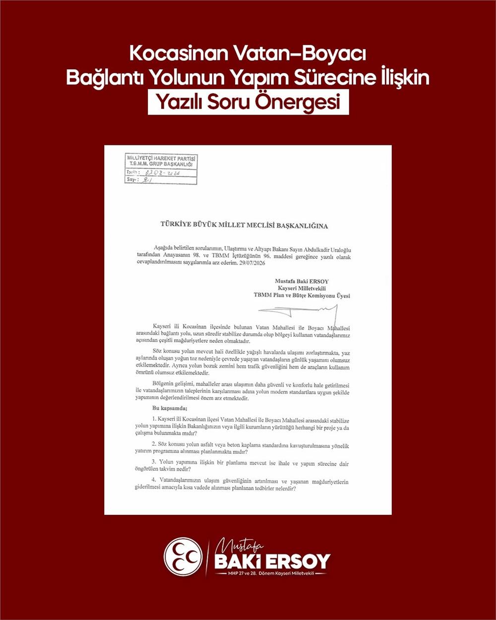 Baki Ersoy, Vatan Mahallesi-Boyacı Mahallesi Bağlantı Yolu’nu TBMM gündemine taşıdı