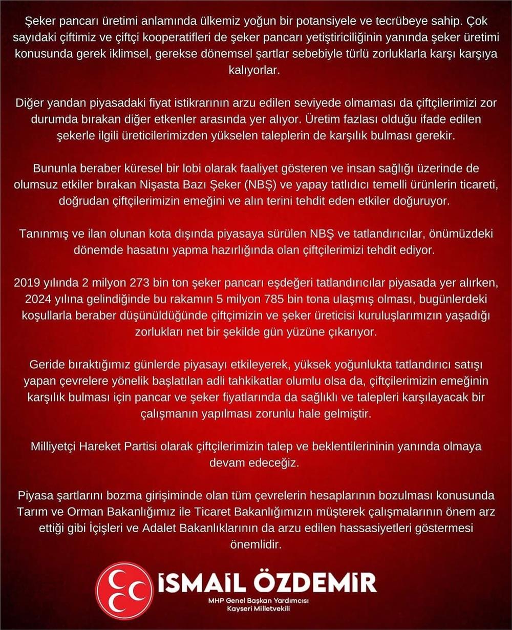 İsmail Özdemir: MHP olarak çiftçilerimizin talep ve beklentilerinin yanında olmaya devam edeceğiz