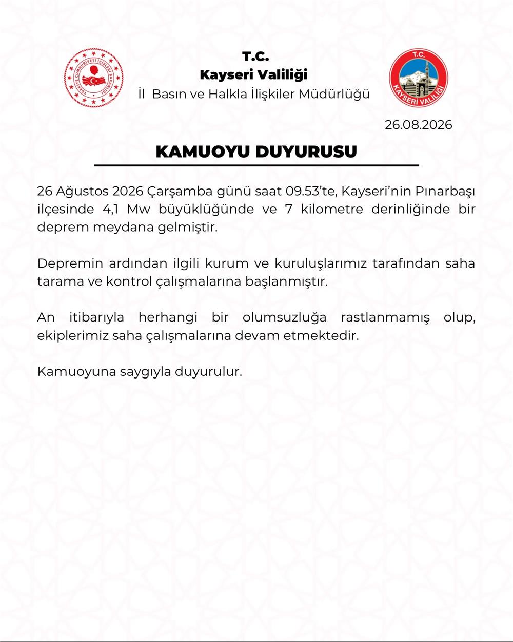 Kayseri Valiliği: Depremde olumsuzluğa rastlanmadı