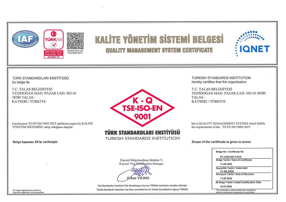 Talas Belediyesinin 20 yıllık kalite geleneği tescillendi