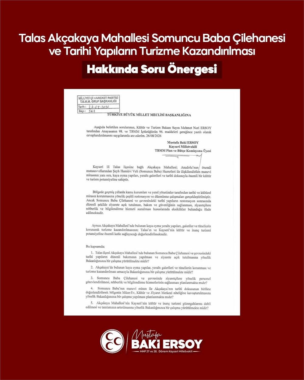 Baki Ersoy, Akçakaya’nın tarihi ve manevi mirasını TBMM gündemine taşıdı