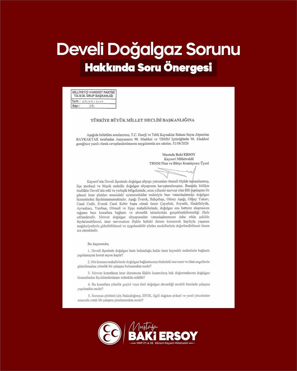 Baki Ersoy, Develi’deki doğalgaz sorununu meclis gündemine taşıdı