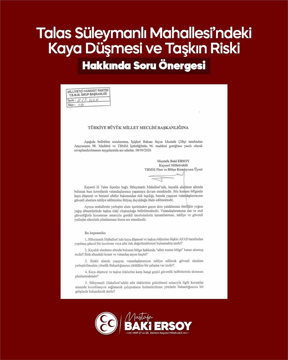 Ersoy, Süleymanlı Mahallesi'ndeki afet riskini meclis gündemine taşıdı