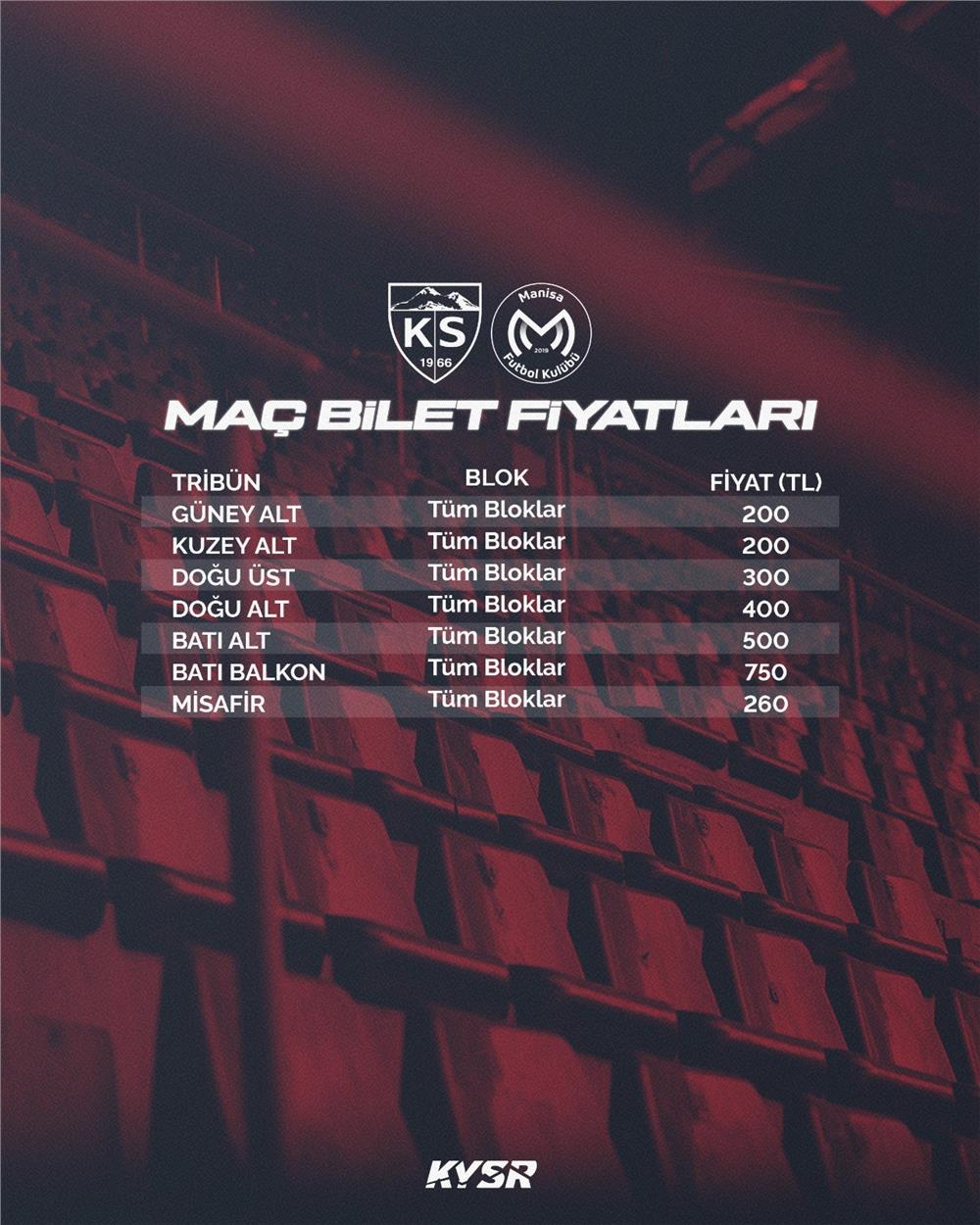 Kayserispor-Manisa FK maçı bilet fiyatları belli oldu